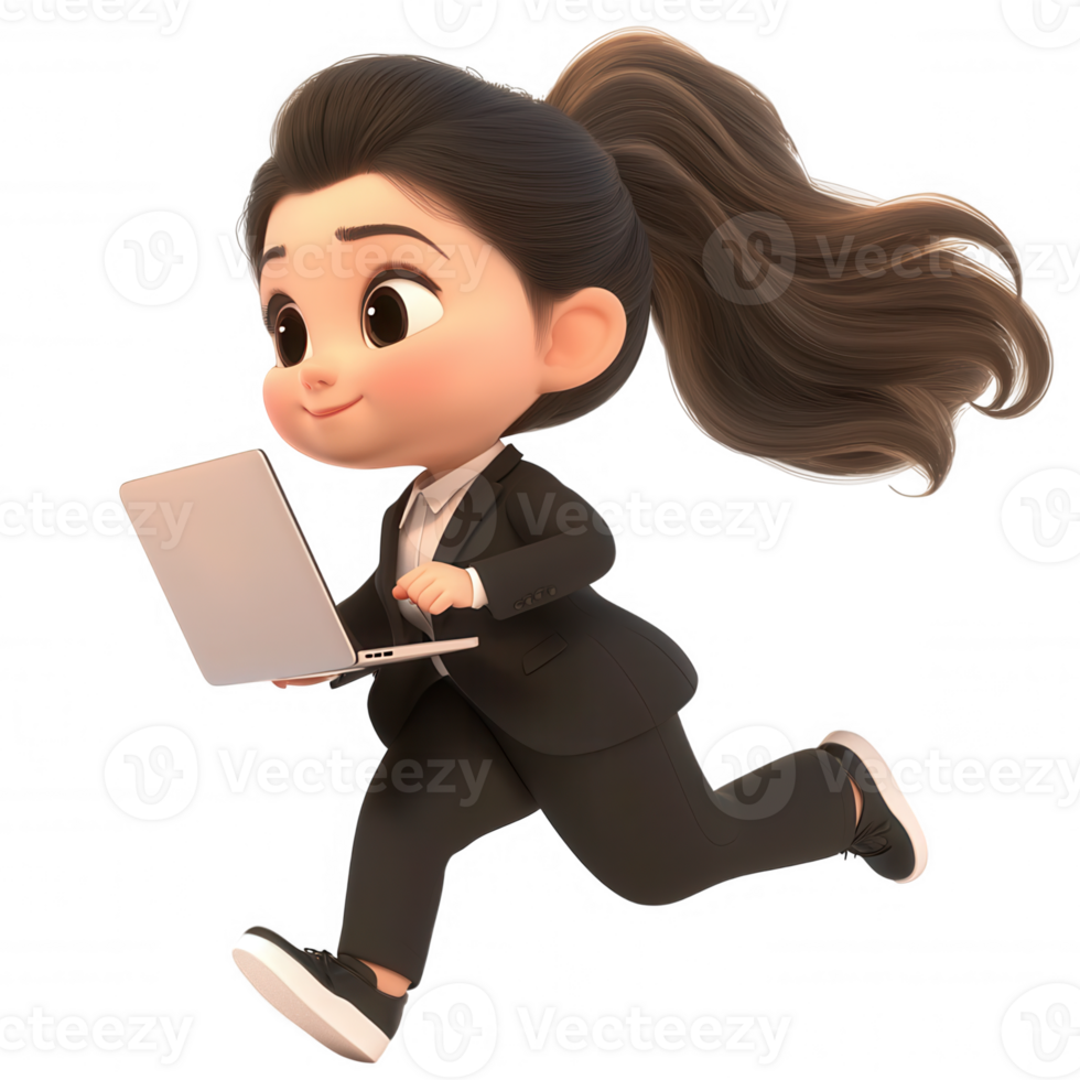 3d icon Businesswoman running with laptop, dynamic professional pose highlighting technological mobility transparent background png