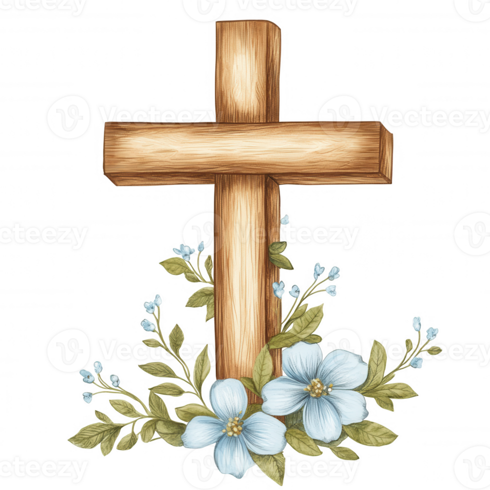 Watercolor wooden transparent decorated with blue flowers and green leaves, cross for easter or religious projects, featuring a perfect background for easy integration png