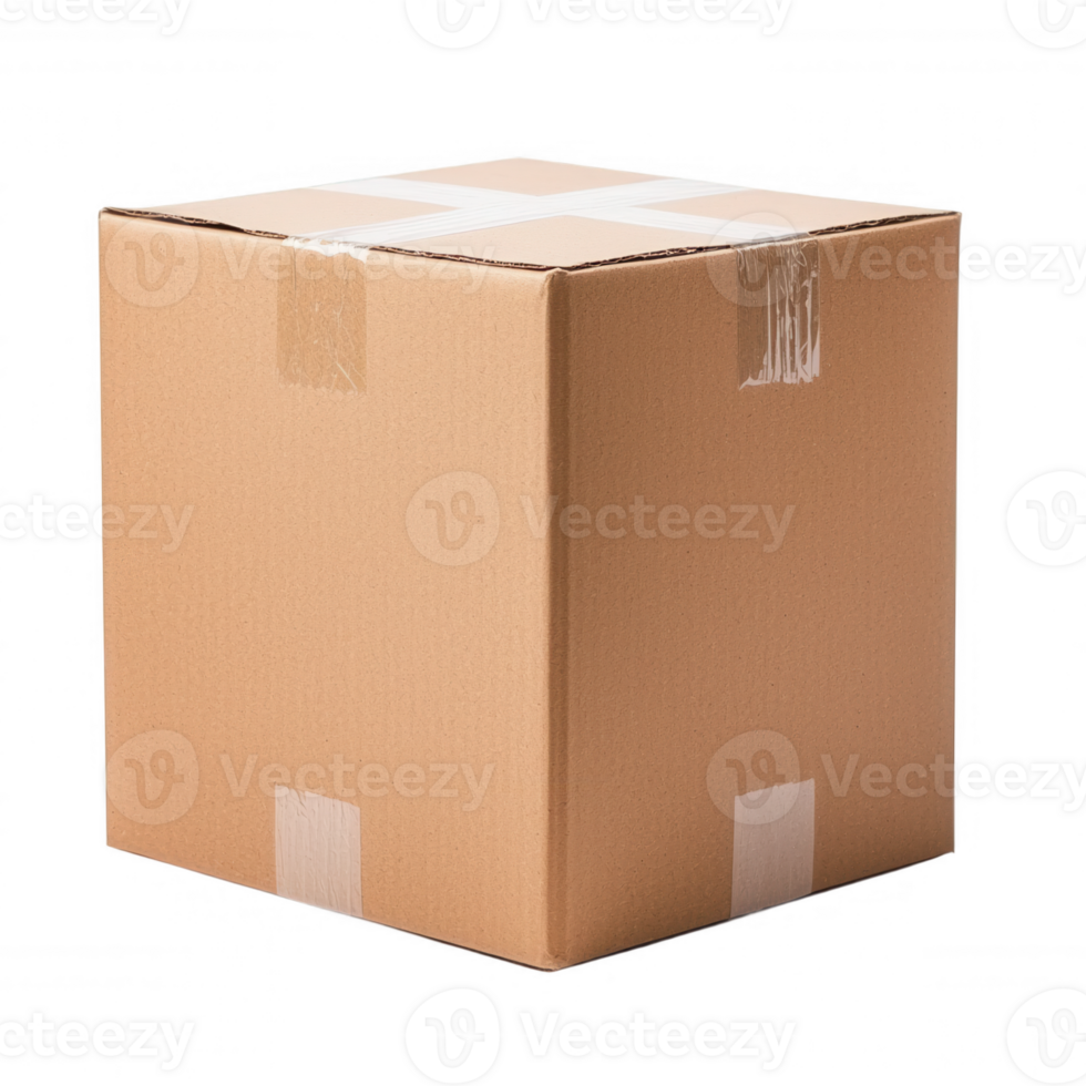 3d upright Sealed brown cardboard shipping box, positioned on icon transparent surface, waiting packaging and mailing png