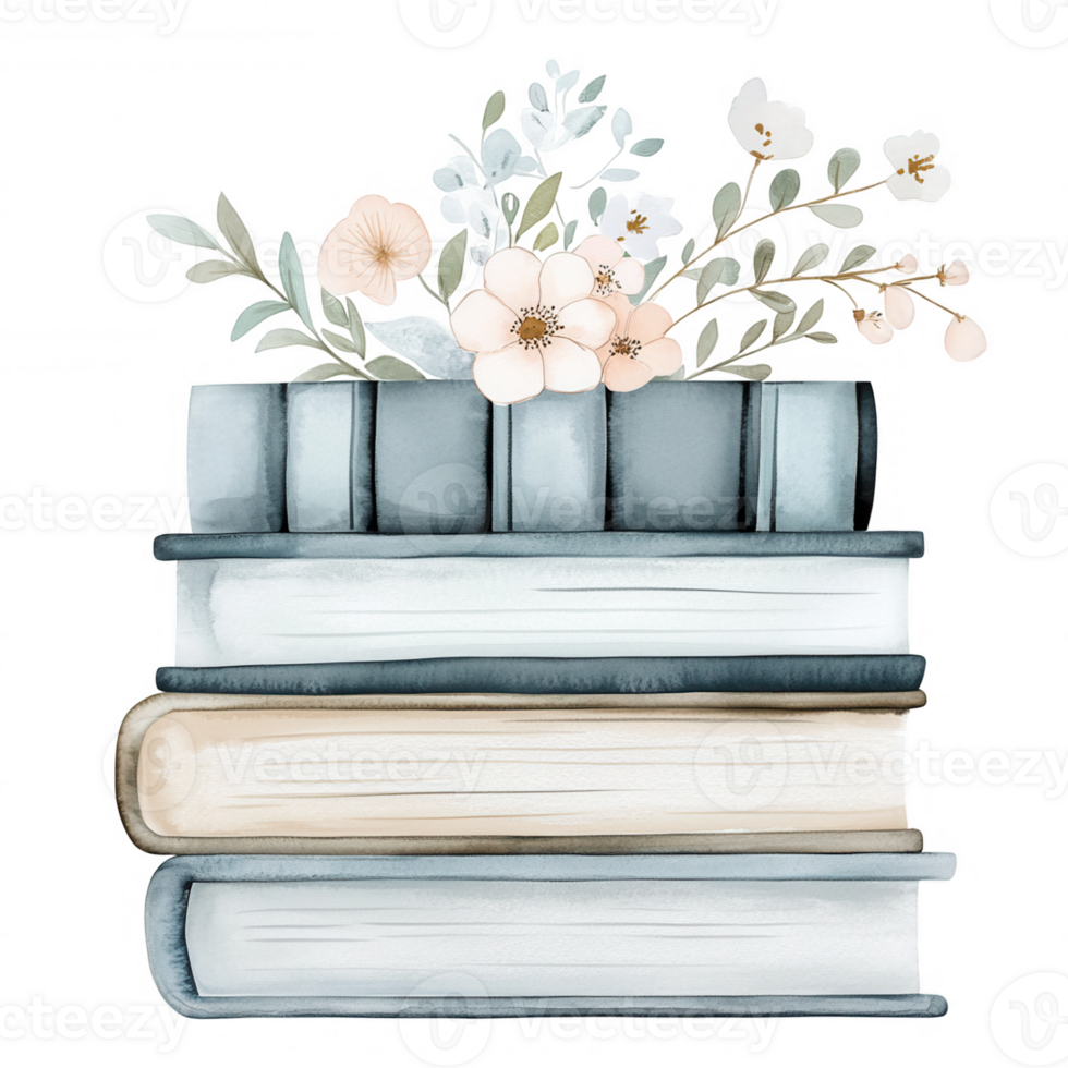 Watercolor illustration featuring a stack of pastel blue books with a delicate white flower and leaves, isolated on a transparent background png