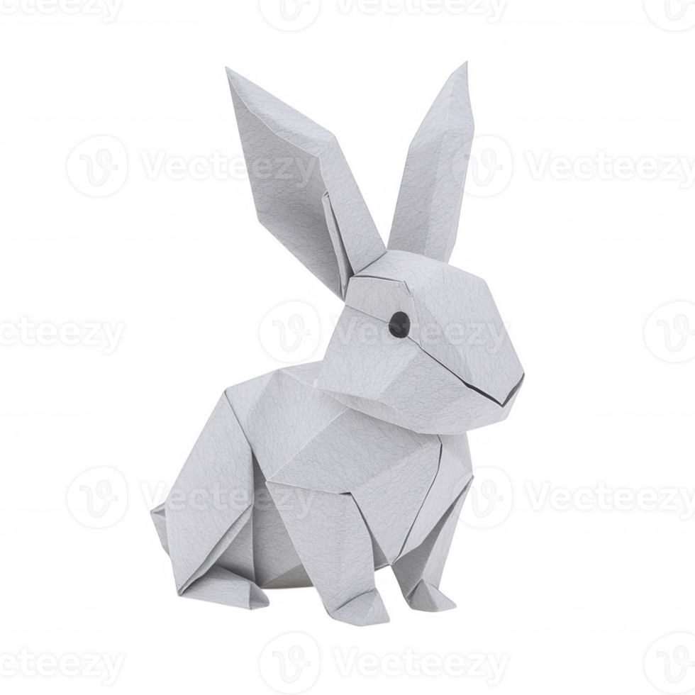 White origami rabbit sitting, made of paper folded into geometric shapes, isolated on transparent background, ideal easter and spring projects png