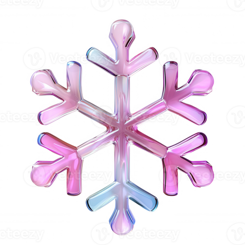 Iridescent 3d icon holographic snowflake shimmering with multicolored reflections, glowing against transparent backdrop seasonal design png