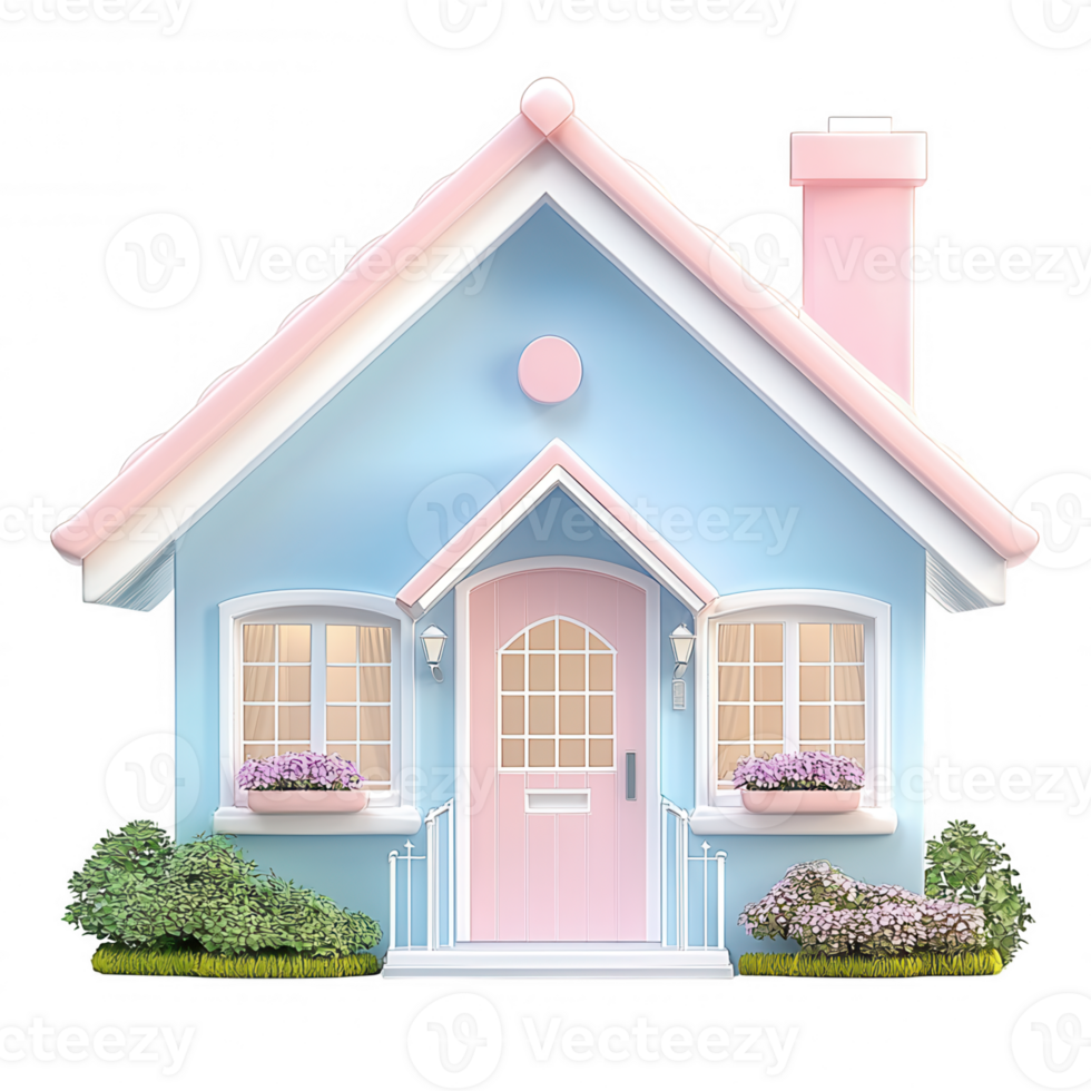Miniature 3d icon architectural model with pink roof, blue door, white walls, standing on transparent background real estate visualization png