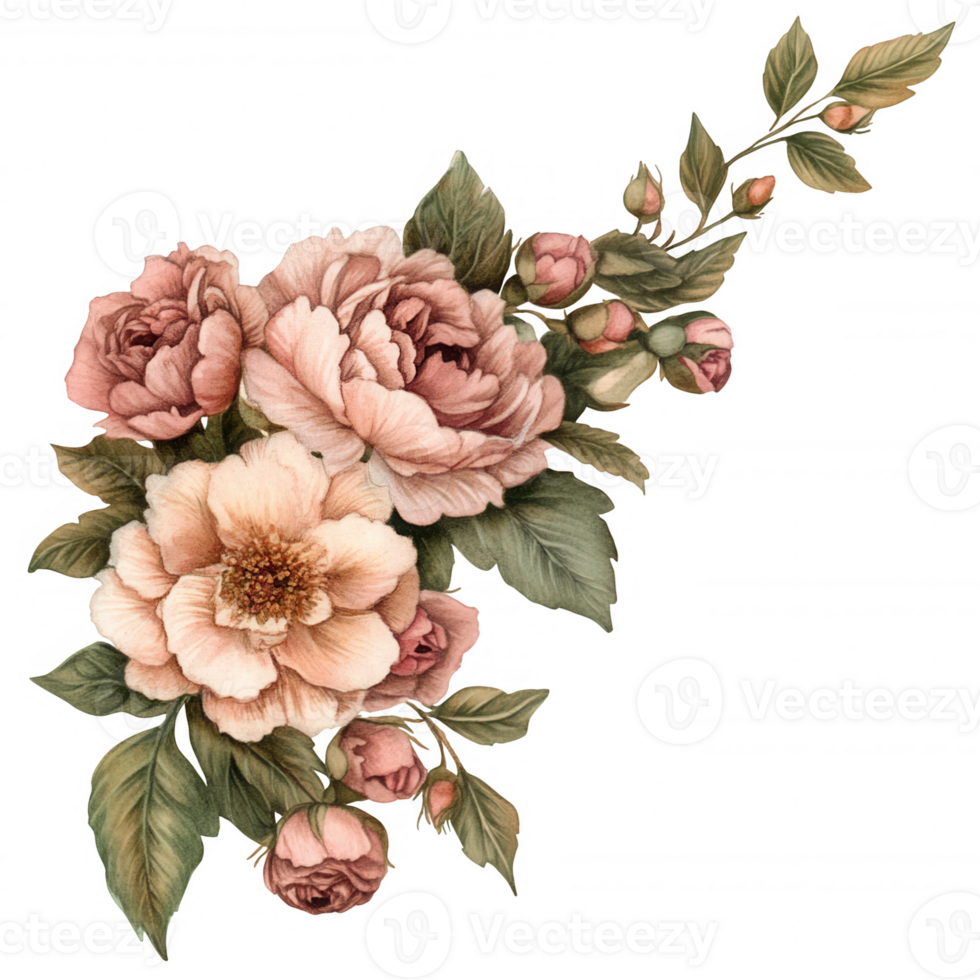 Pastel roses palette peonies arranged gracefully in vintage inspired corner and highlighting soft floral composition, against transparent background png