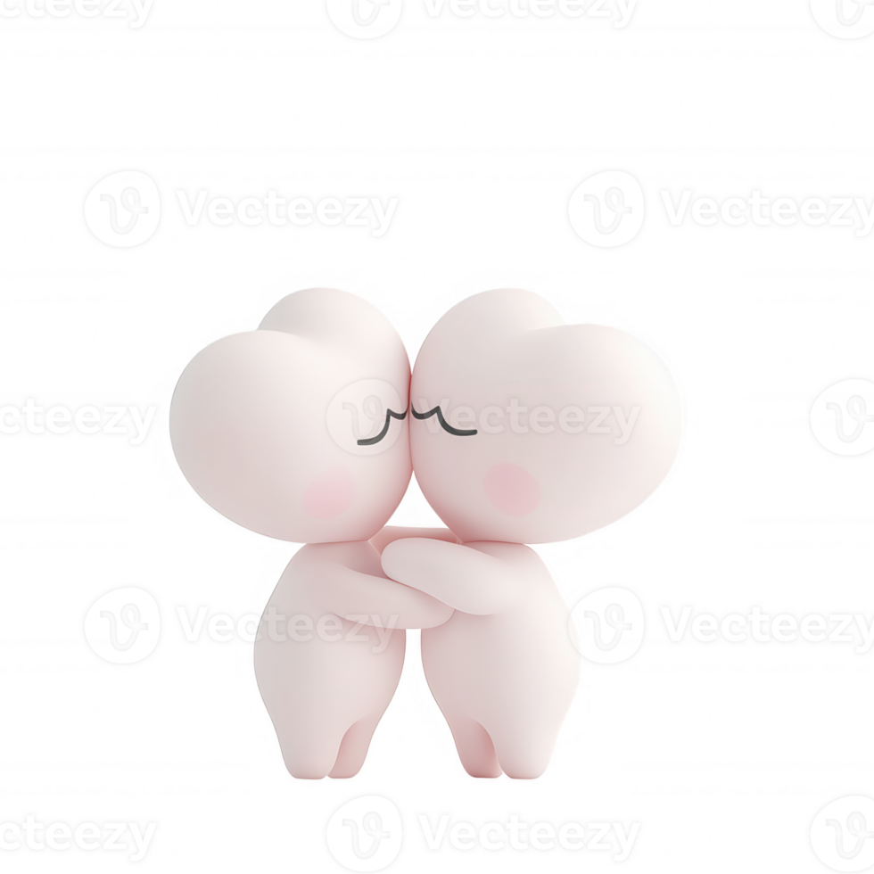 Loving cartoon 3d icon characters embracing warmly, heart friends displaying emotional connection against clear background png