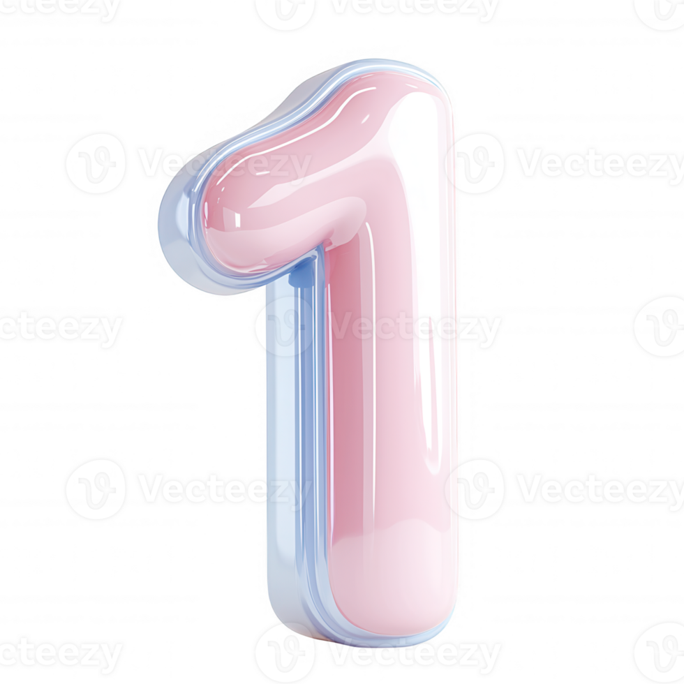 3d icon Holographic numeral '1' shimmering in pink and blue, floating transparent background for celebratory graphic designs png