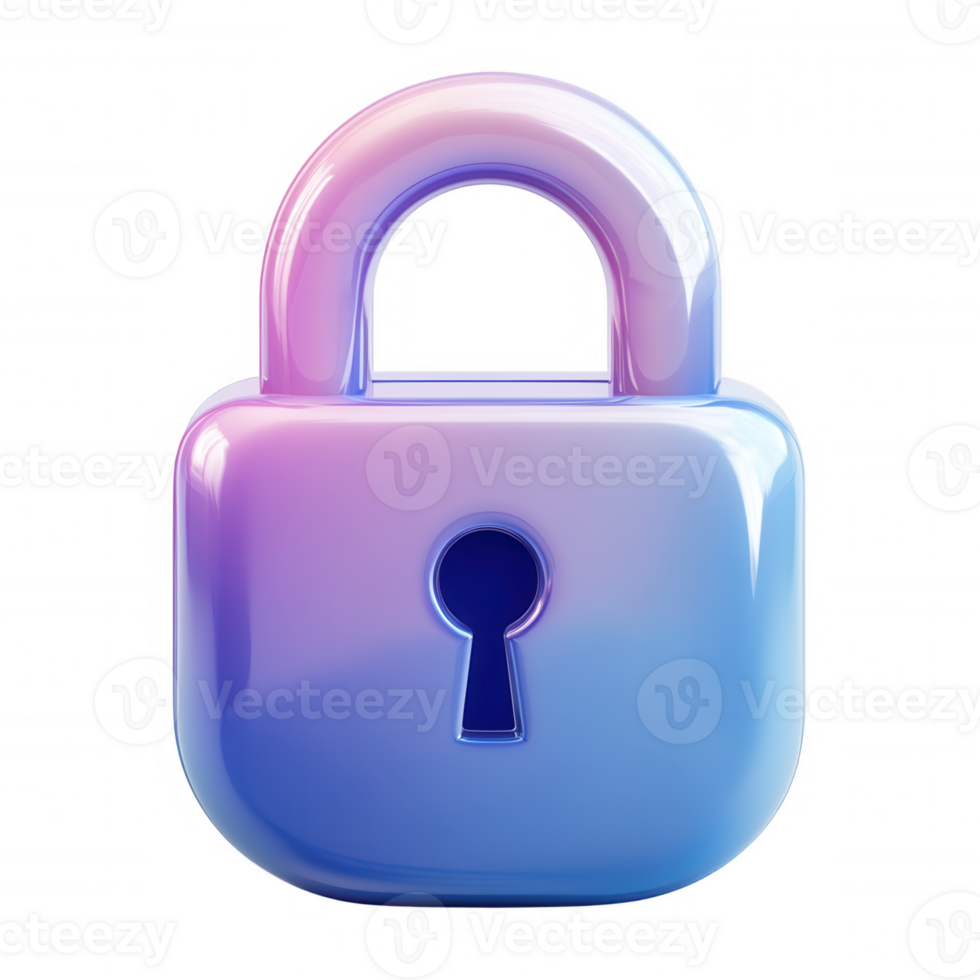 3d icon Metallic padlock digital glowing with iridescent sheen, representing icon security and privacy against transparent background png