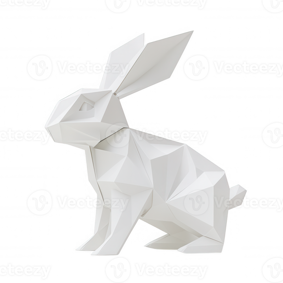 White origami rabbit sitting, made of paper folded into geometric shapes, on transparent background, ideal for easter and spring projects png