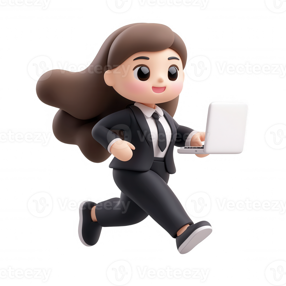 3d icon Businesswoman running with laptop, dynamic professional pose technological mobility against transparent background png