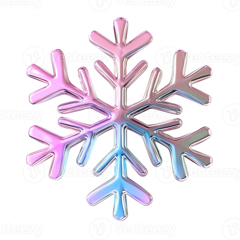 Iridescent 3d icon holographic snowflake shimmering with multicolored reflections, glowing transparent backdrop for seasonal design png