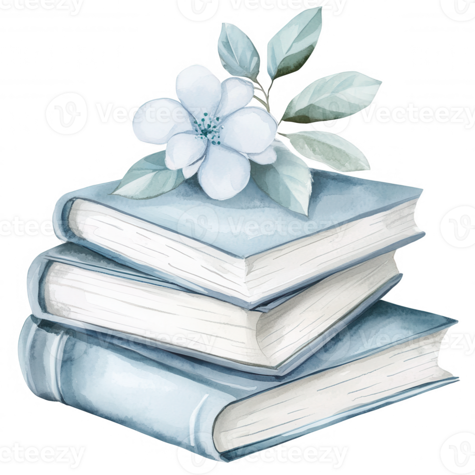 Watercolor illustration featuring a blue of pastel background books with a delicate white flower and leaves, isolated on a transparent stack png