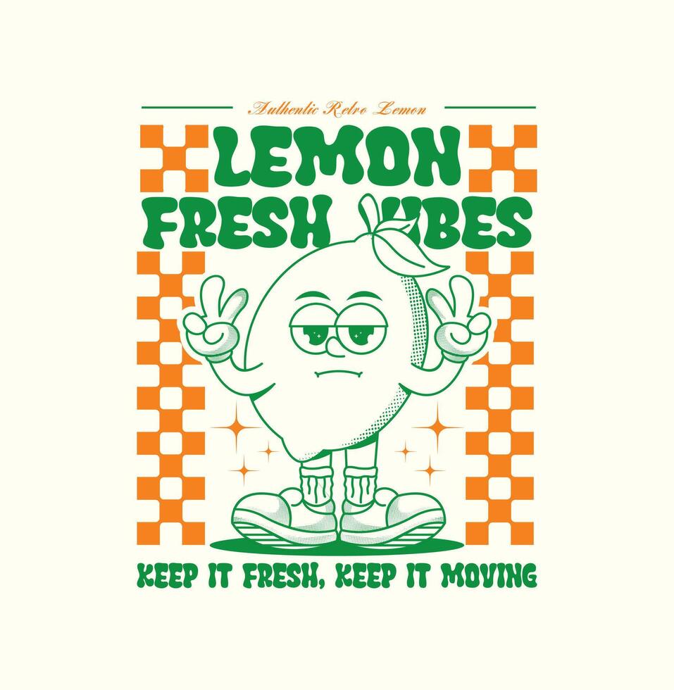 hand drawn retro lemon cartoon character with checkered background. perfect for t shirt design, sticker, streetwear, apparel design, poster, and summer themed artwork vector
