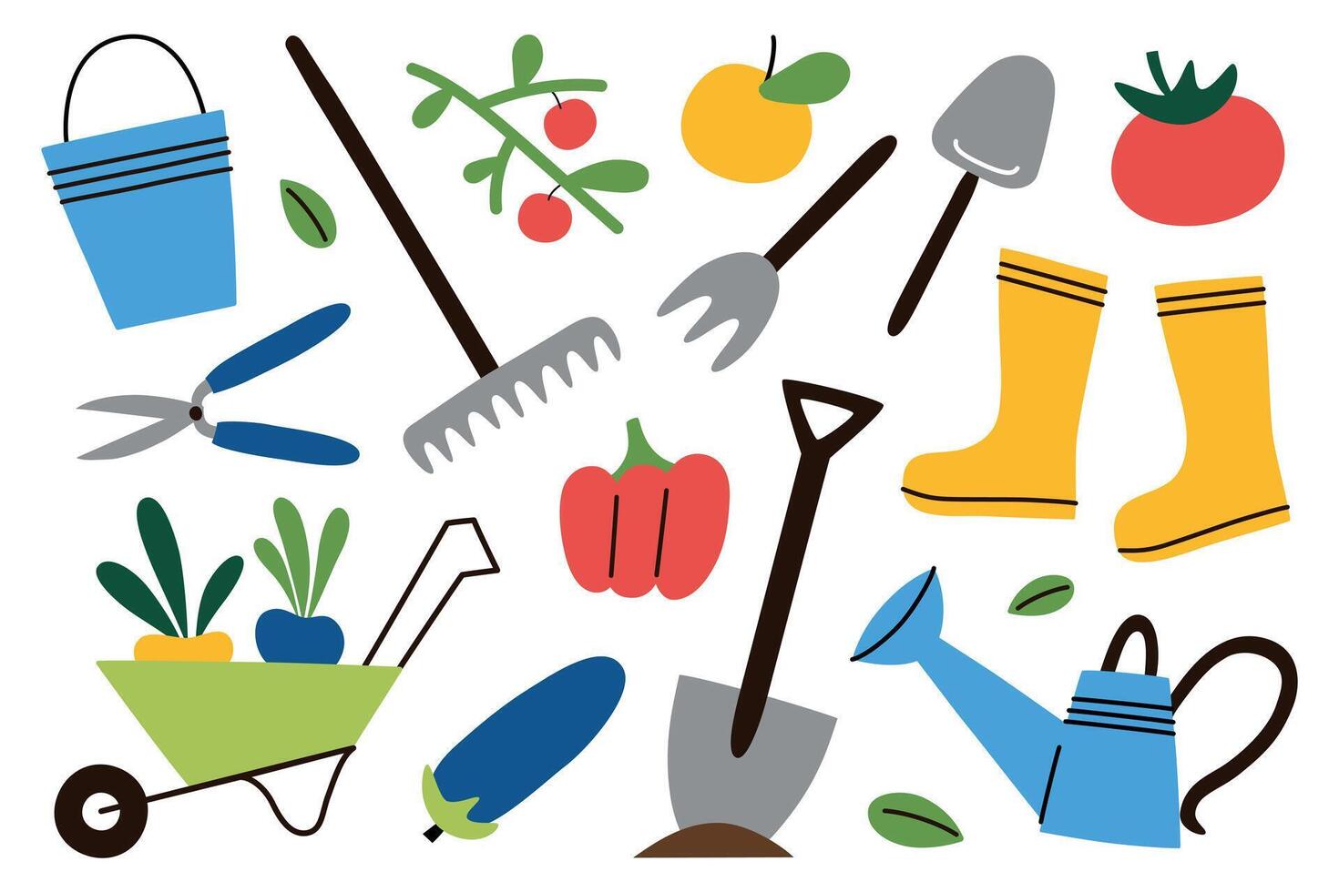 Colorful flat cartoon illustration set of gardening and farming tools, fruits and vegetables. Shovel, watering can, rubber boots and wheelbarrow. Concept for hobby, agriculture, eco lifestyle vector
