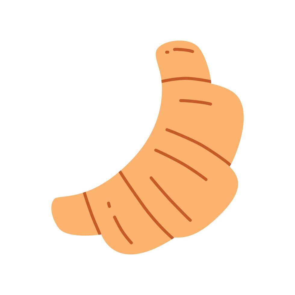 Flat cartoon illustration of croissant in doodle style. Tasty pastry for breakfast menu, cafe decoration, bakery branding, packaging design. Cute icon for culinary content, snack themes vector