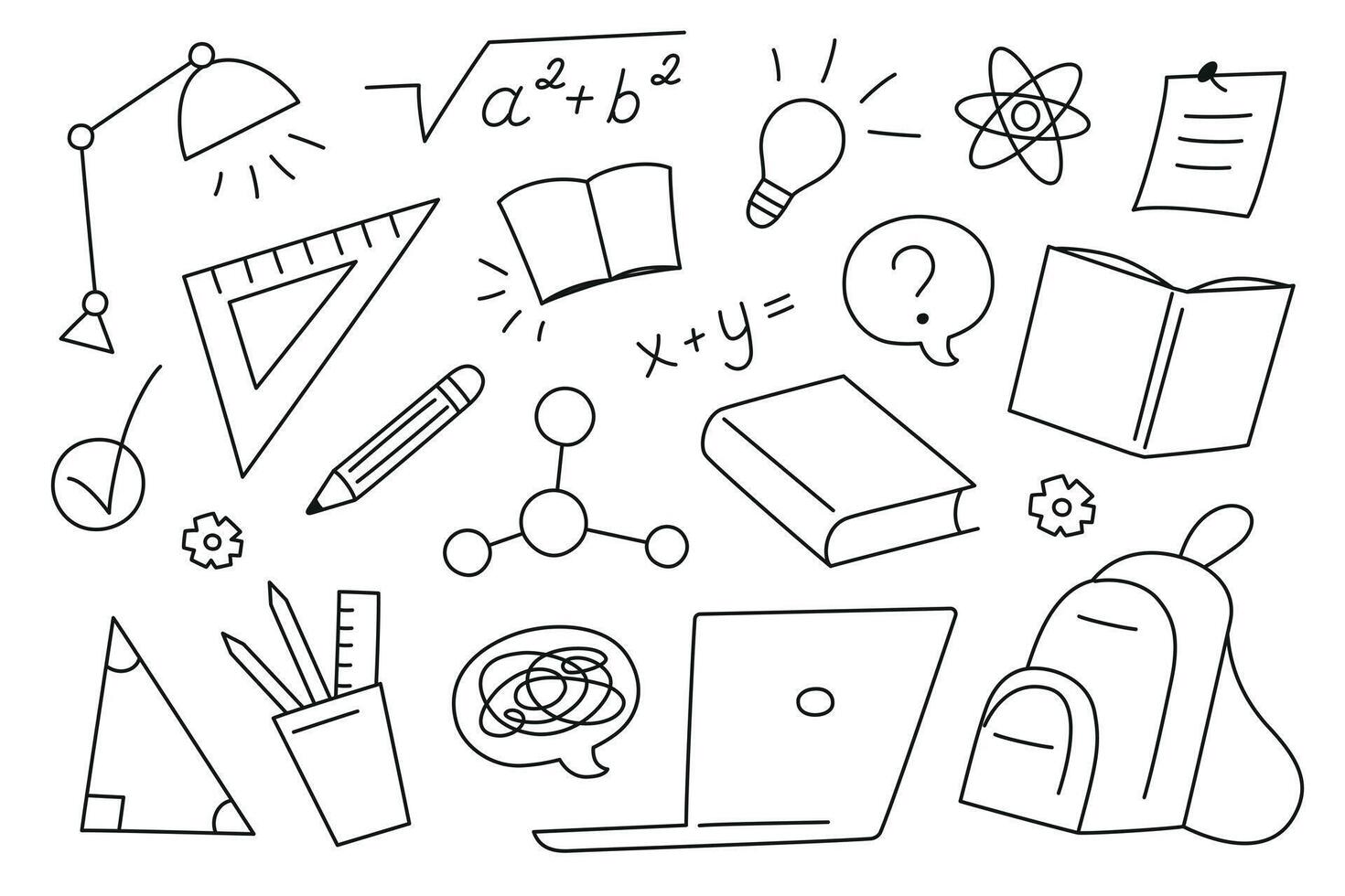 Collection of black and white flat cartoon doodles on school, education and science topics. Stationery elements, creative symbols, academic objects for posters, planners, web design vector