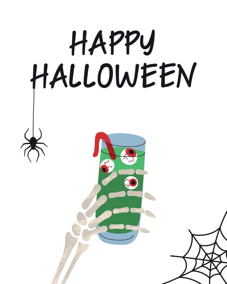 Flat illustration of Halloween party invitation or greeting card. Skeleton hand holding spooky drink with gummy eyes, spider and web. Festive banner or poster with Happy Halloween lettering vector