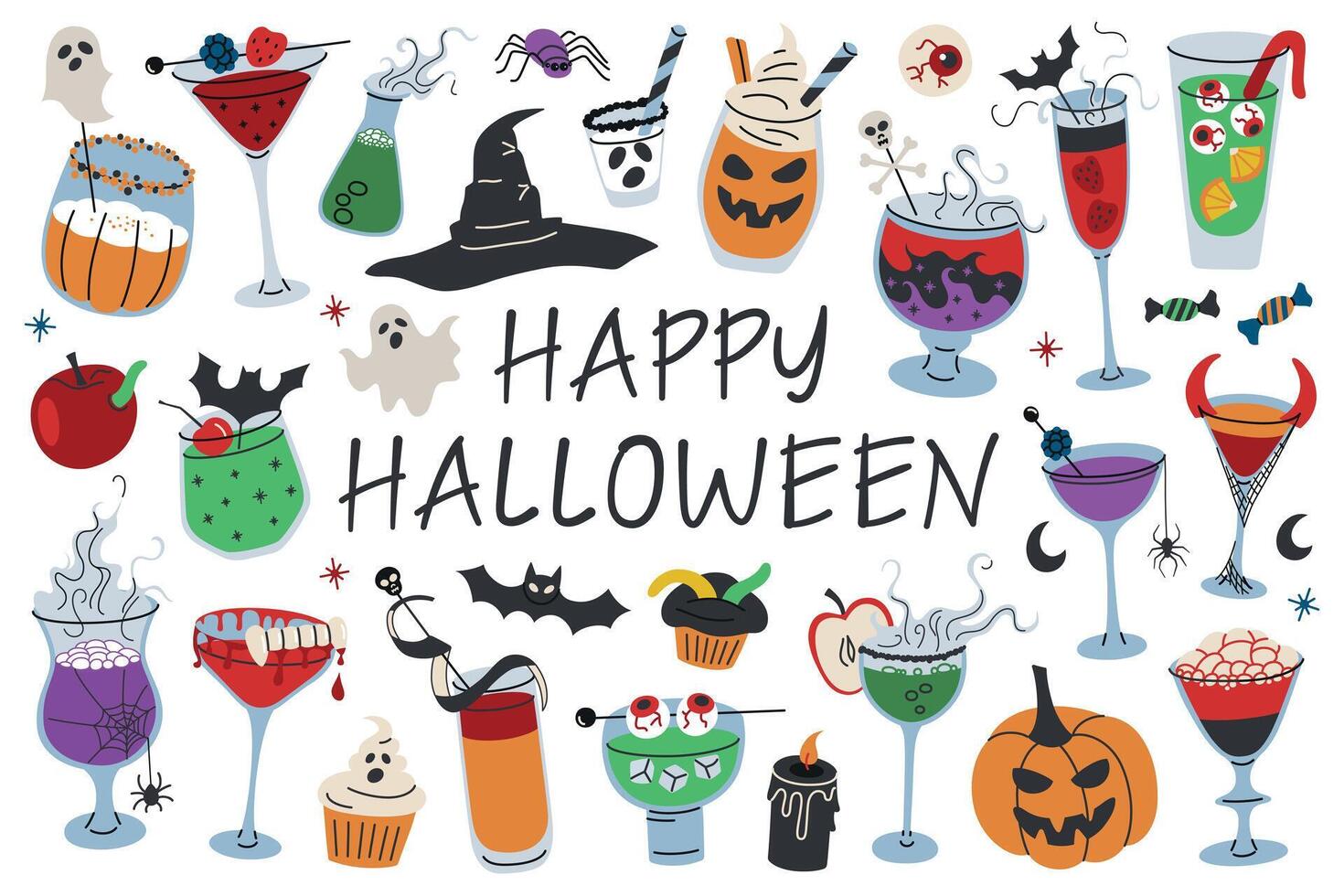 Halloween drinks and decorations illustration vector