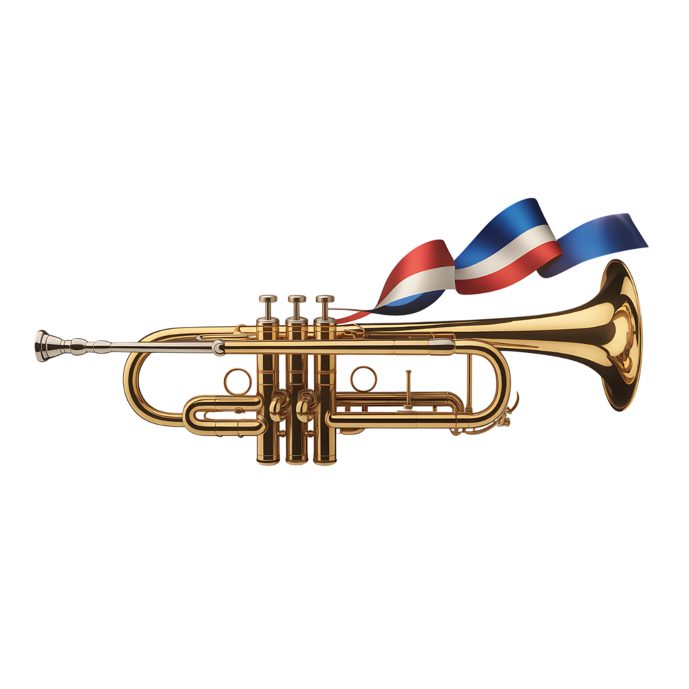 Brass trumpet with french flag ribbon isolated on transparent background png