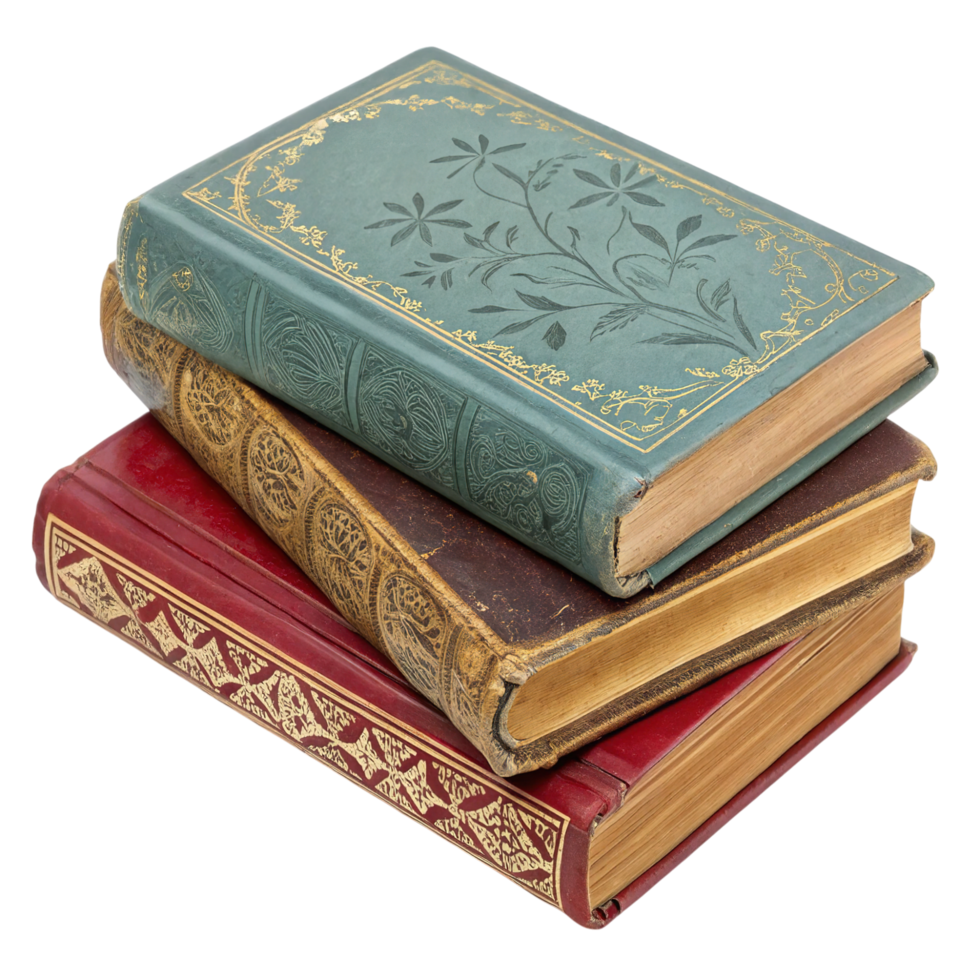 A stack of three antique books isolated on transparent background png