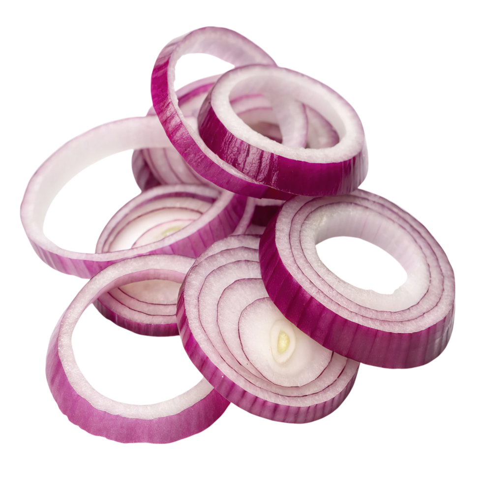 A stack of sliced red onion rings isolated on transparent background png