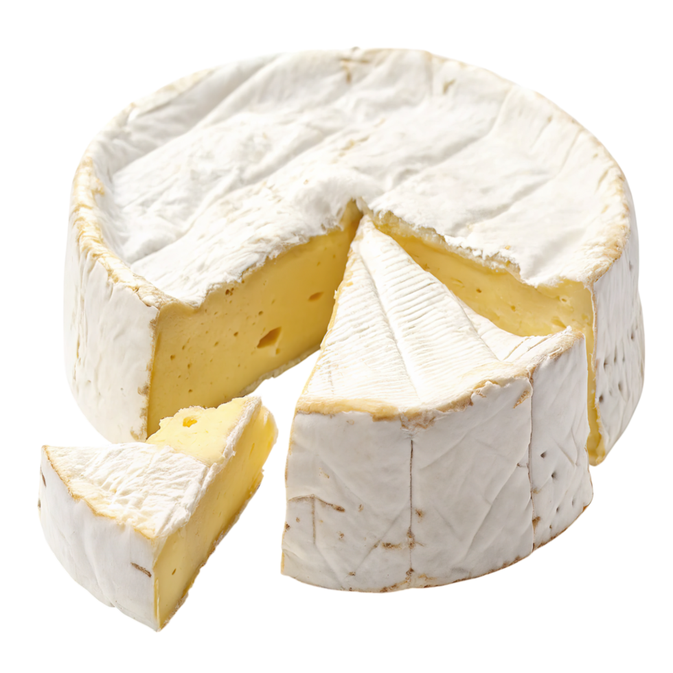 A wheel of brie cheese with a slice cut out isolated on transparent background png