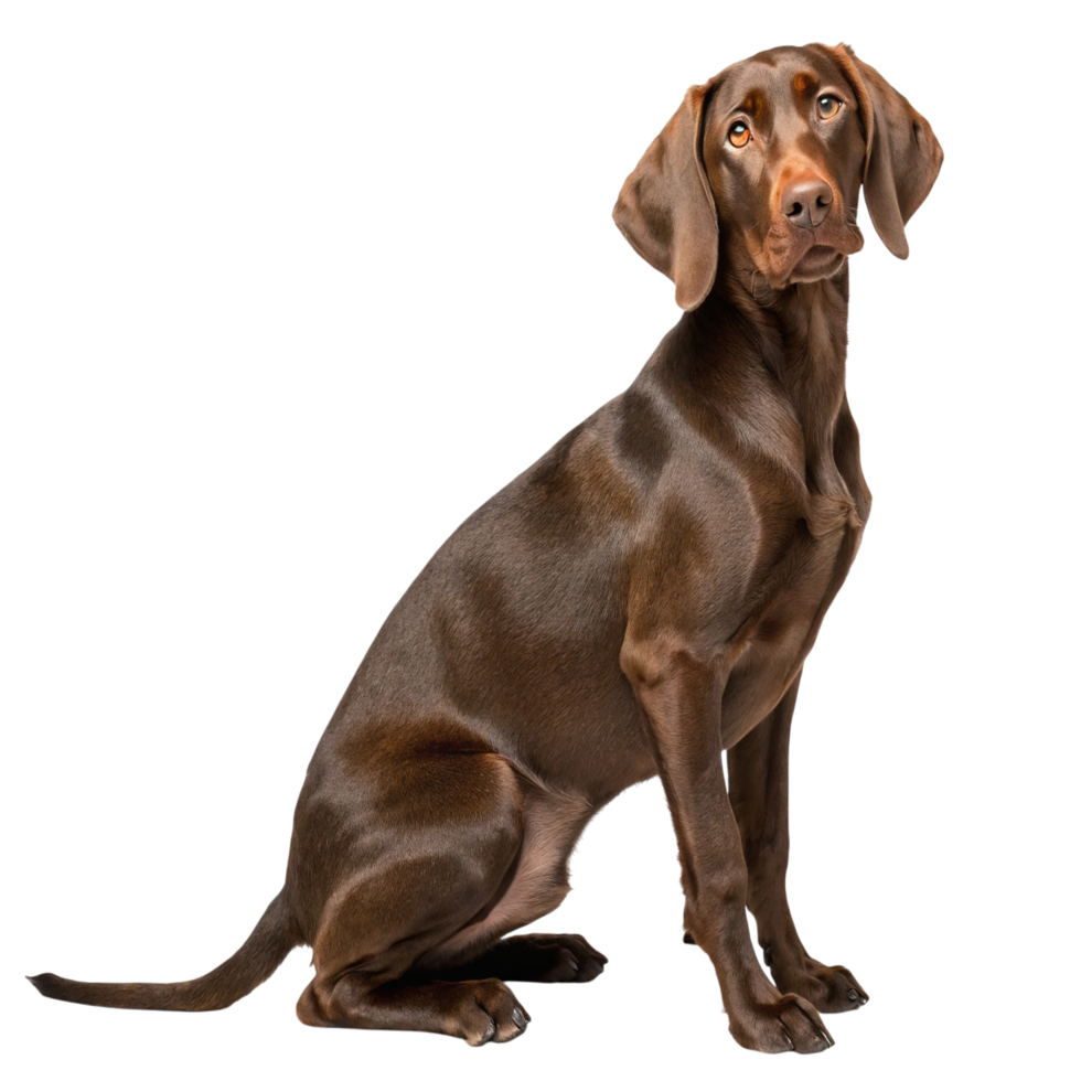 A brown german shorthaired pointer dog is sitting isolated on white png