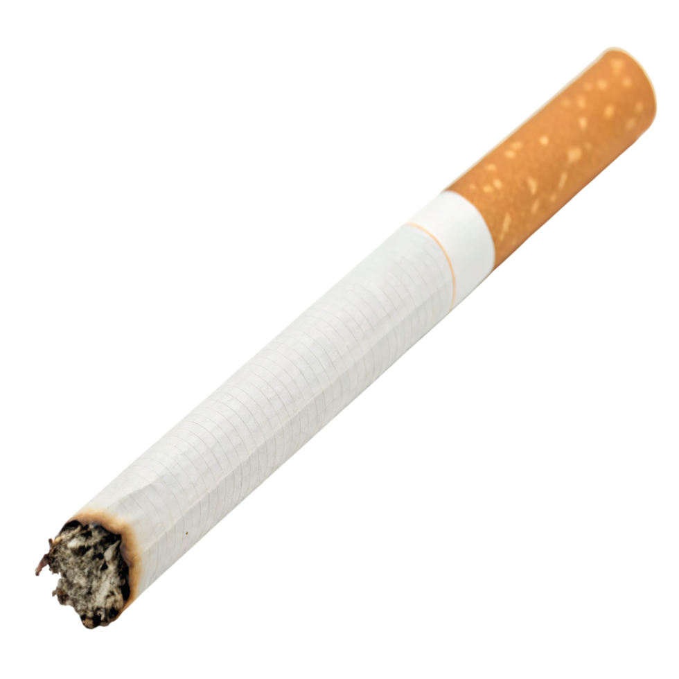 A lit cigarette isolated on transparent background shows burning tobacco png