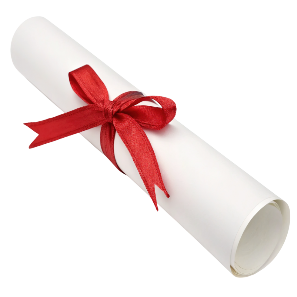 A white diploma scroll is tied with a red ribbon isolated on white png