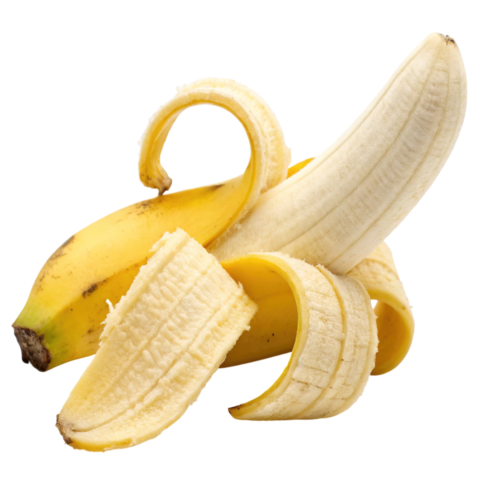 A ripe yellow banana partially peeled isolated on transparent background png
