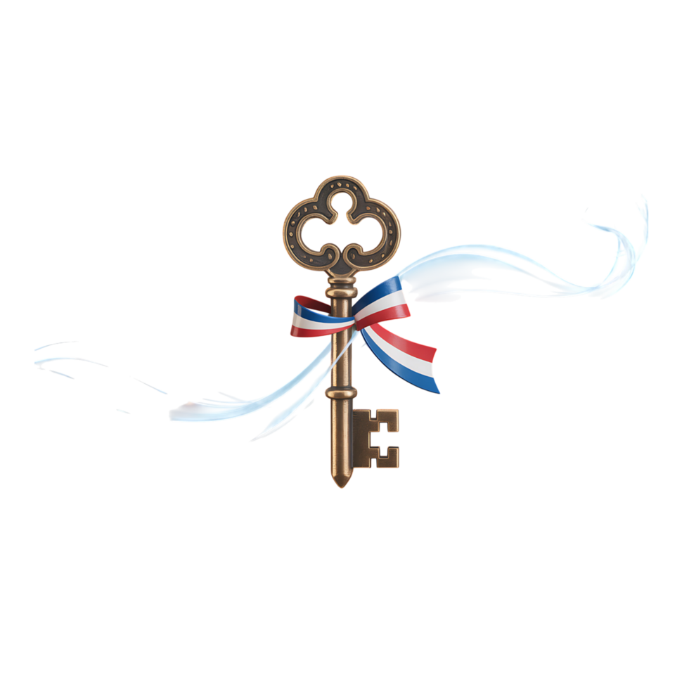 Antique key adorned with french flag ribbon isolated on transparent background png