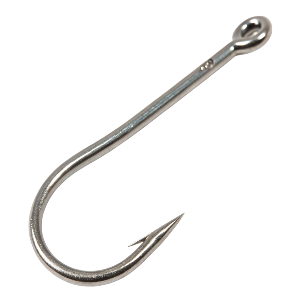 A sharp silver fishing hook isolated on transparent background png
