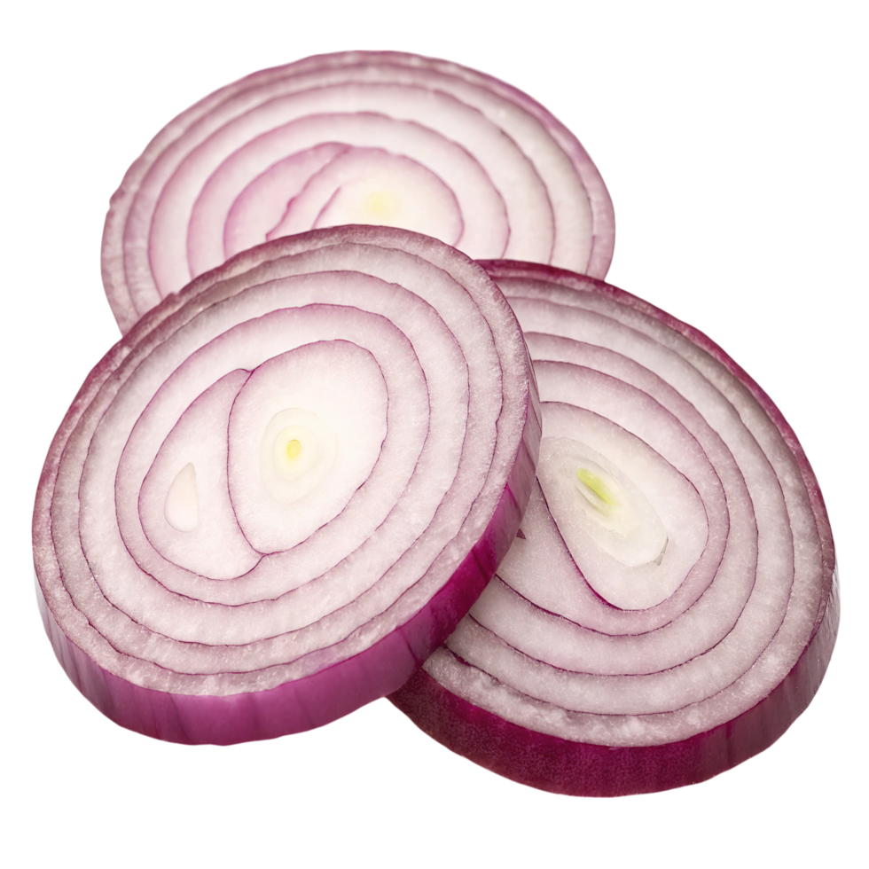 Three red onion slices isolated on transparent background png
