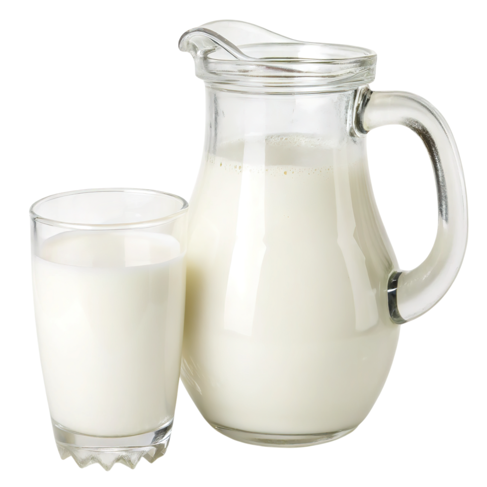 Glass and pitcher of fresh milk isolated on transparent background png