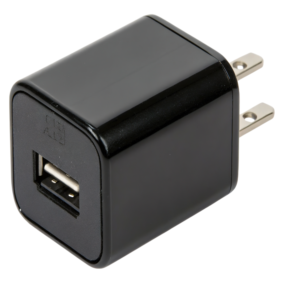 A black usb wall charger isolated on transparent background png