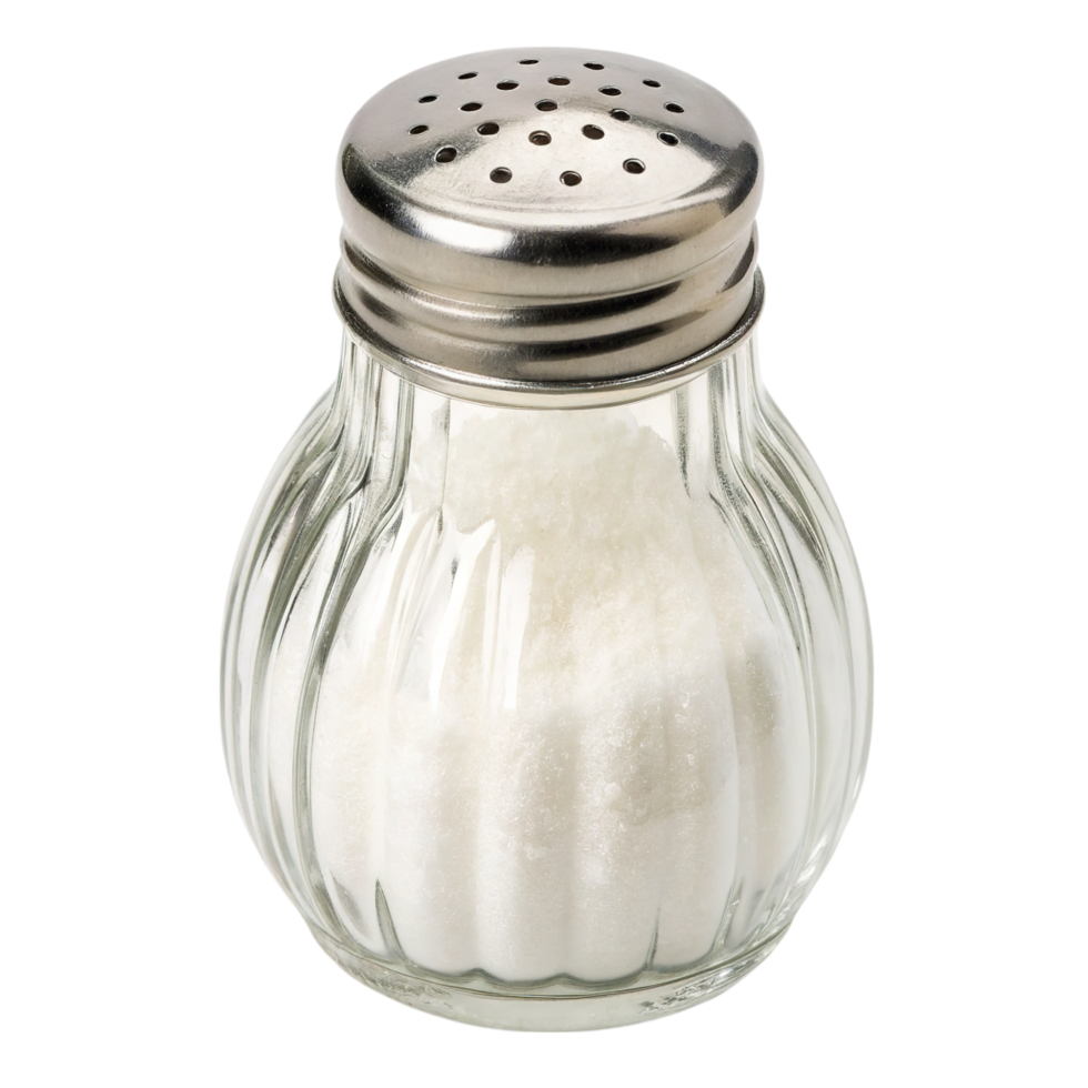 A glass salt shaker filled with white salt isolated on transparent png