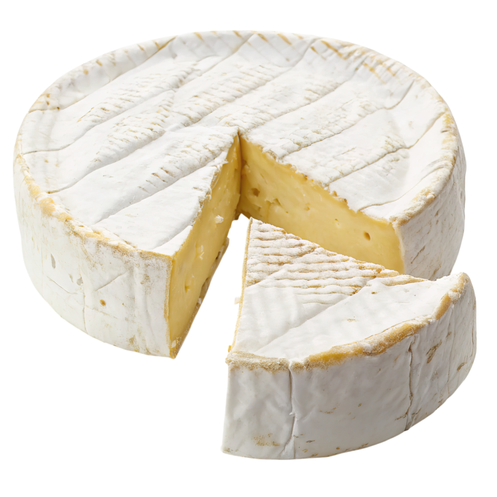 A wheel of brie cheese with a slice cut out isolated on transparent png