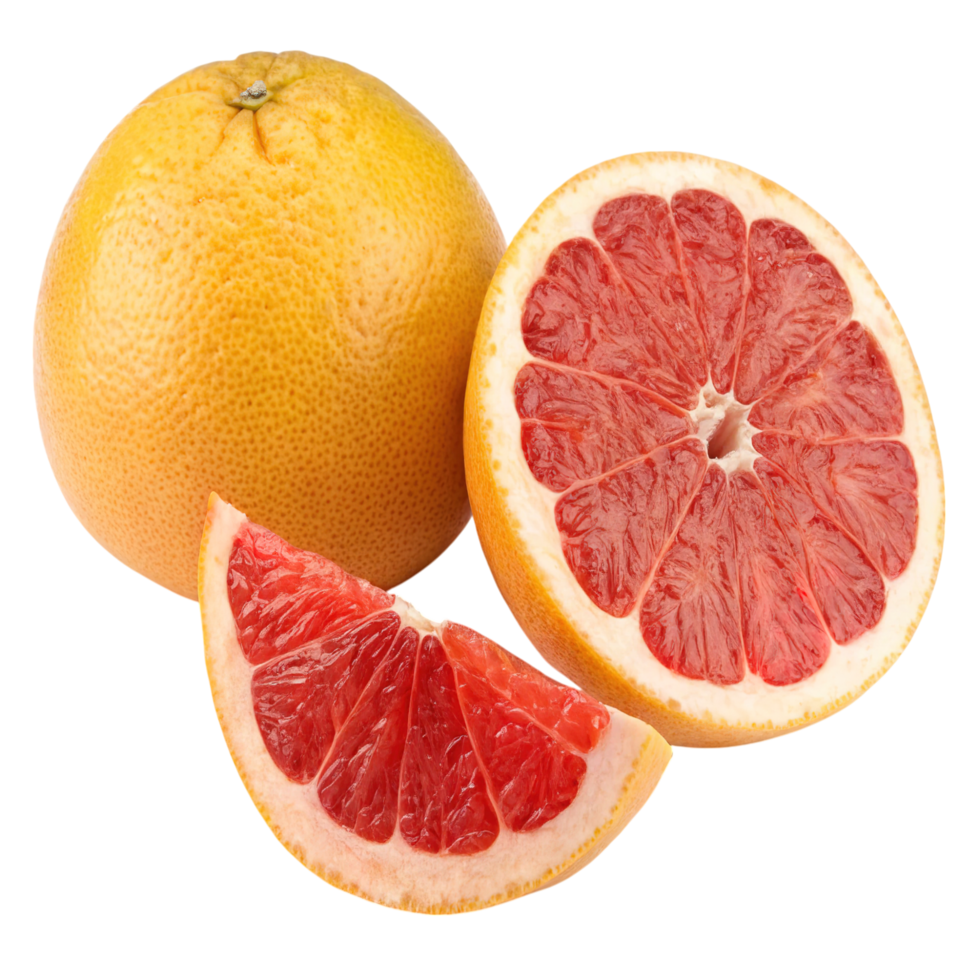 A whole grapefruit with a half and a slice isolated on transparent background png