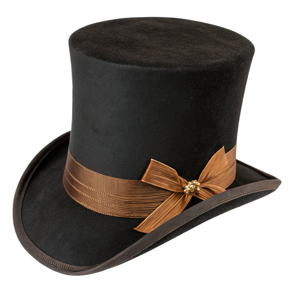 A black top hat with a brown ribbon isolated on transparent background png