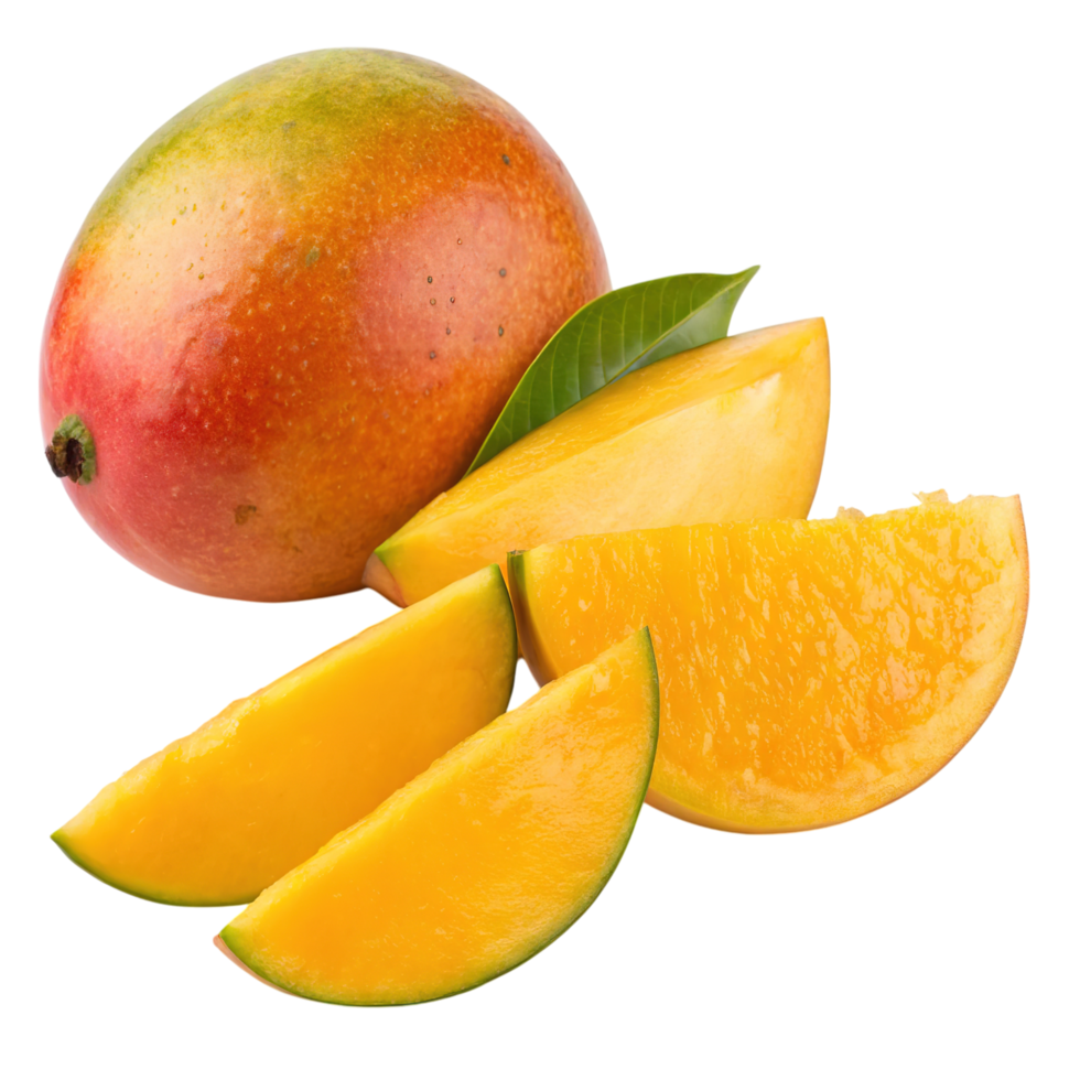 A whole mango and several slices isolated on transparent background png