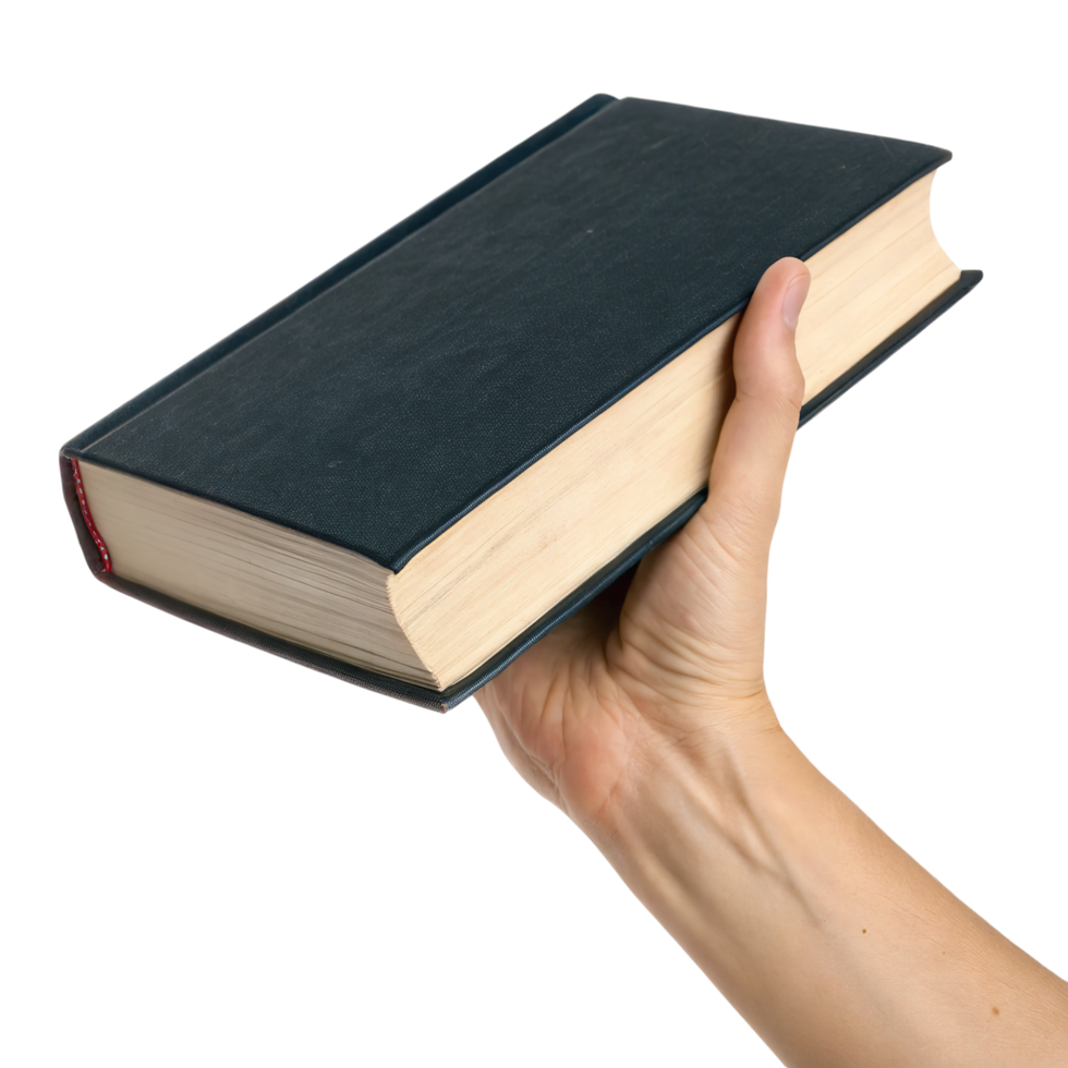A hand holding a dark blue book isolated on transparent background png