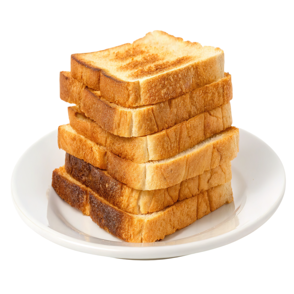 A stack of toast on a plate isolated on transparent background, golden png