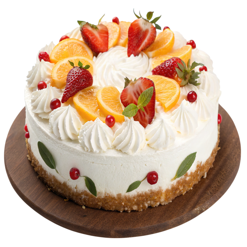 A delicious fruit cake topped with strawberries isolated on transparent png
