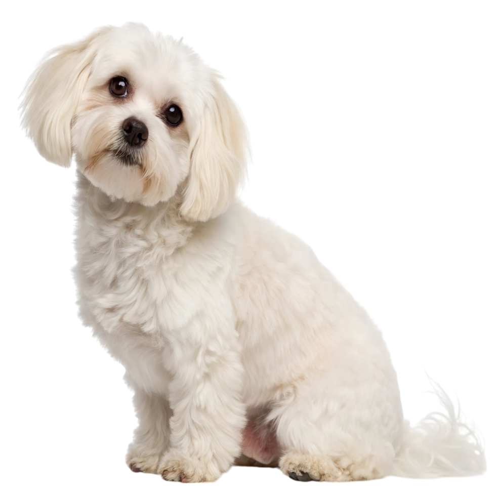A fluffy white maltese dog sits and looks at the camera isolated on transparent background png