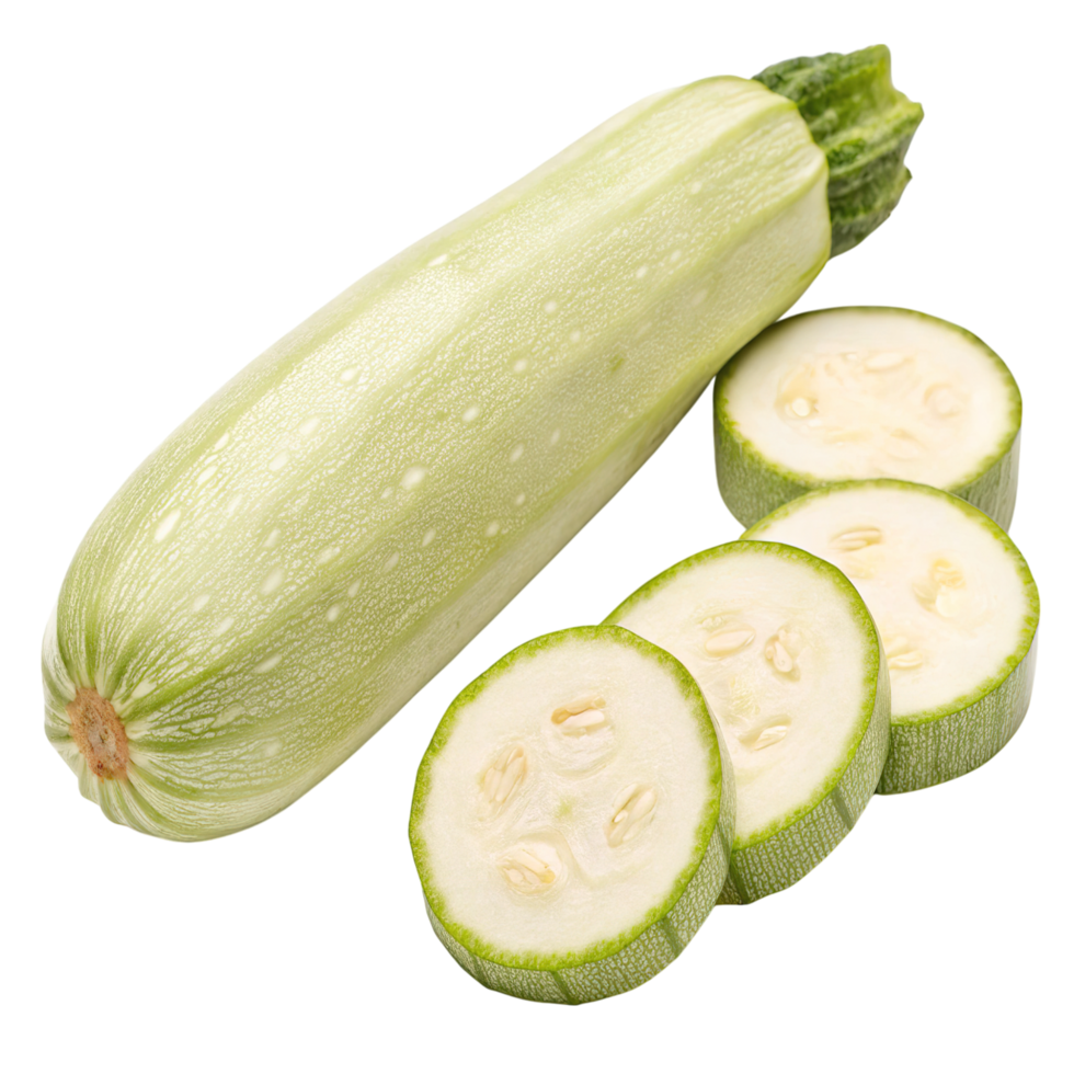 A fresh green zucchini and slices isolated on transparent background png