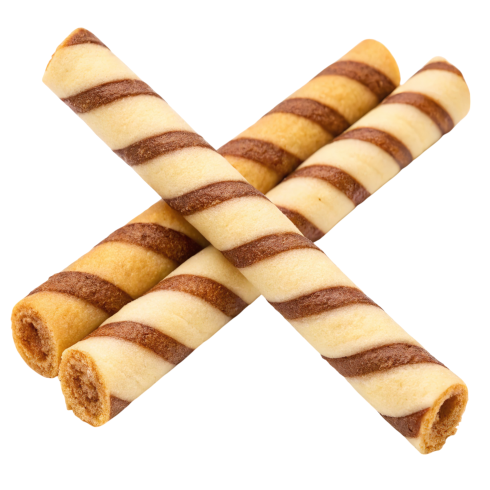 Four striped chocolate wafer rolls are isolated on white background png