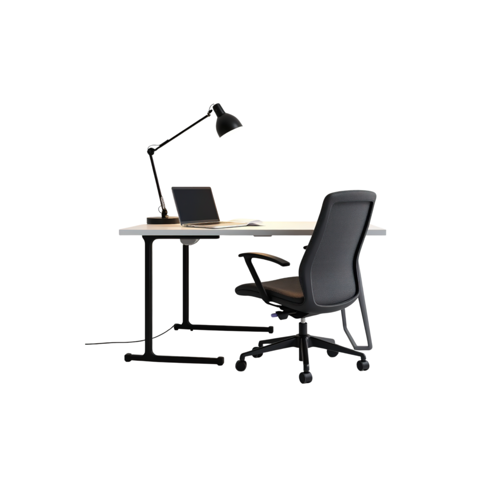 A modern office desk with chair isolated on transparent background is set up png
