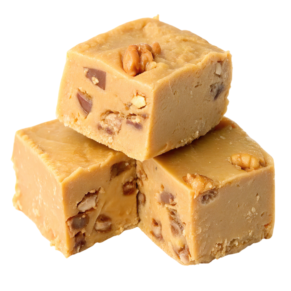 Three pieces of walnut fudge are stacked isolated on transparent background png