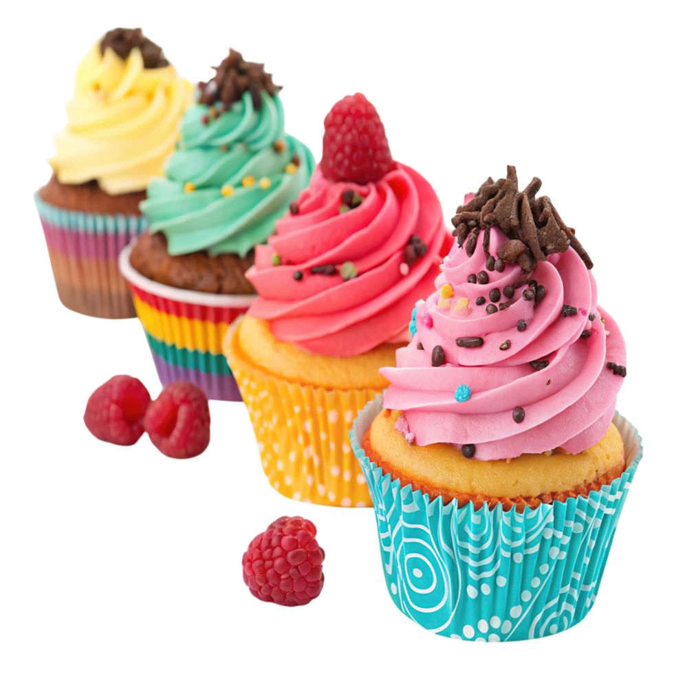 Four colorful cupcakes with raspberries isolated on transparent background png