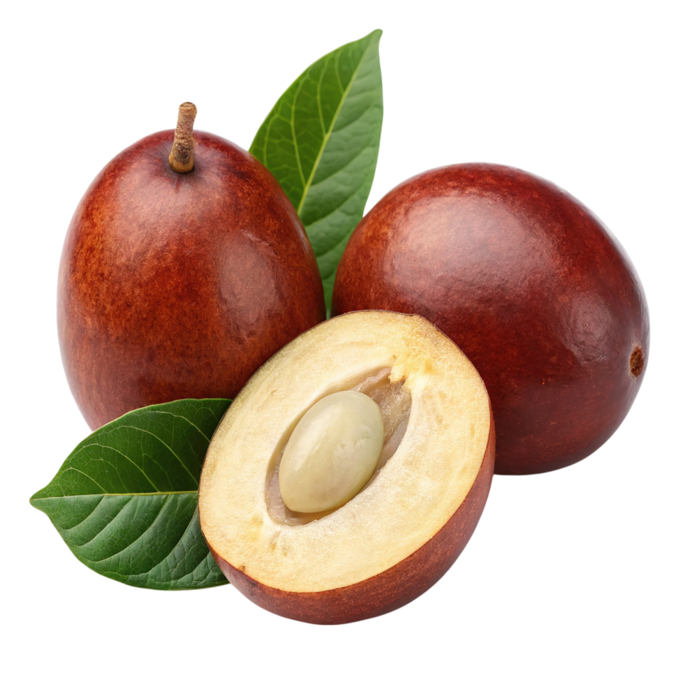 Three sapodilla fruits with leaves isolated on transparent background png