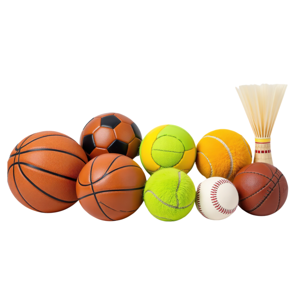 Various sports balls isolated on transparent background are arranged together png